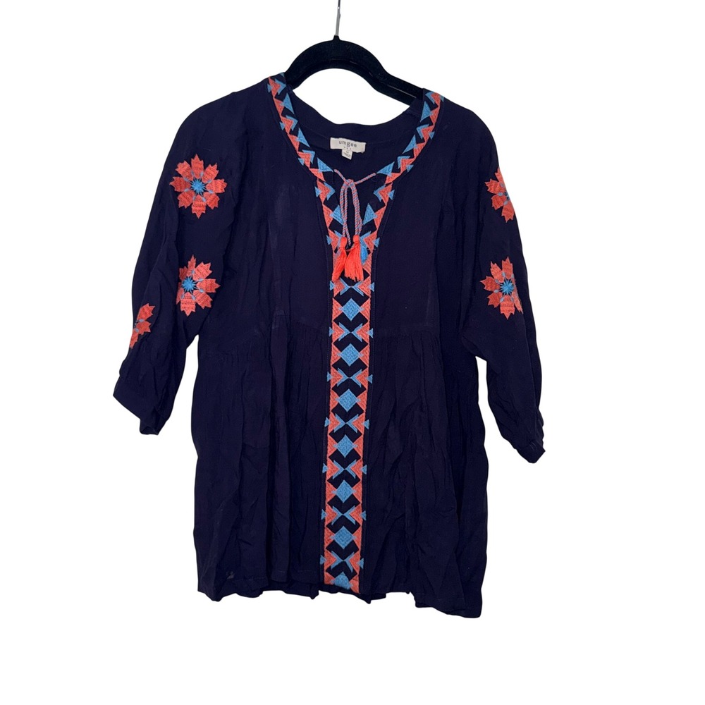 Umgee Embroidered Tassel Boho Tunic Womens Medium Navy Blue Excellent 3/4 Sleeve